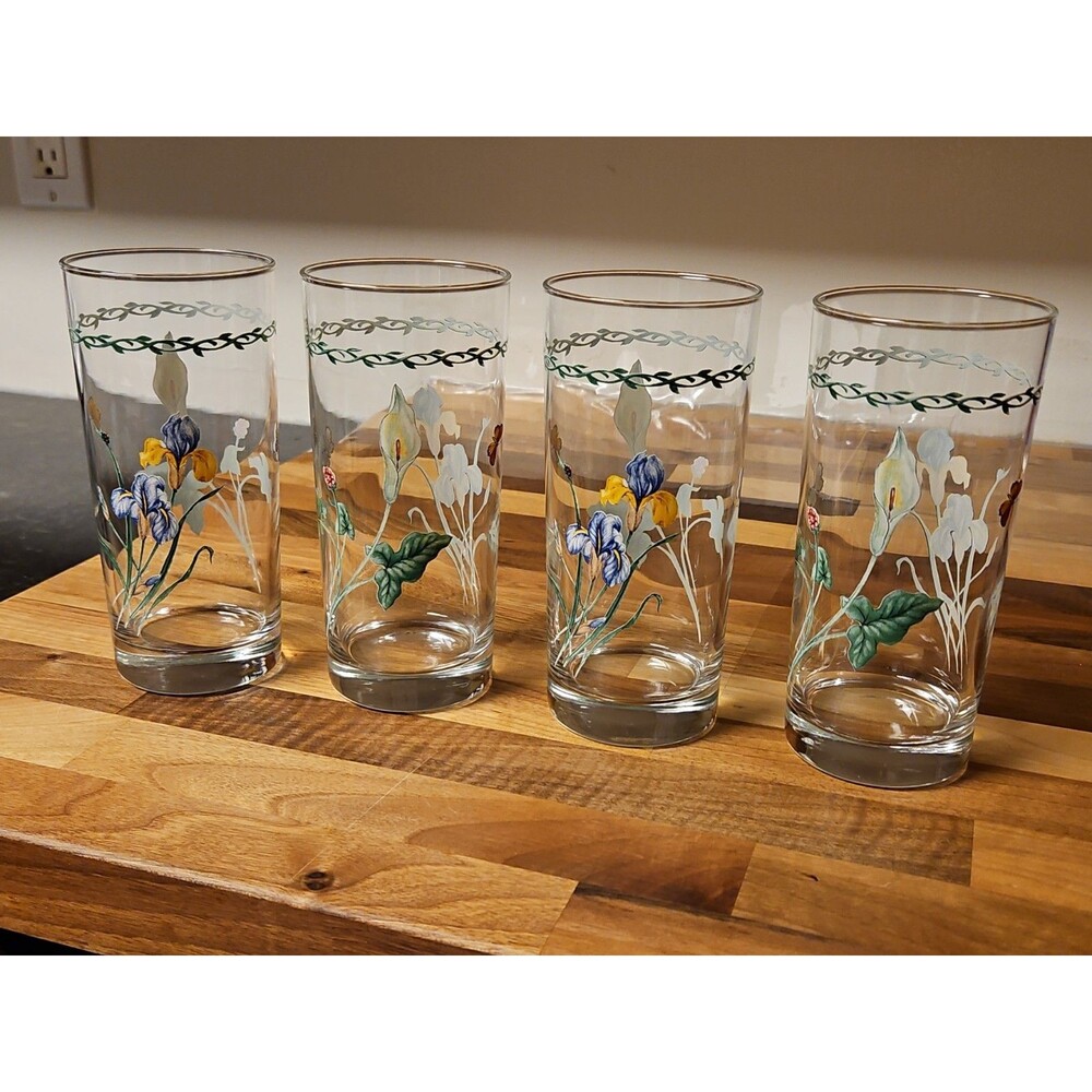 Set of 4 Vintage Floral Highball Tumbler Glasses Blue Iris & White Calla Lily